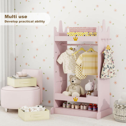 Kids Dress up Storage with Mirror, Kids Open Hanging Armoire & Costume Storage Dresser, Costumes Wardrobe Closet for Bedroom, Nursery, Preschool, Pink