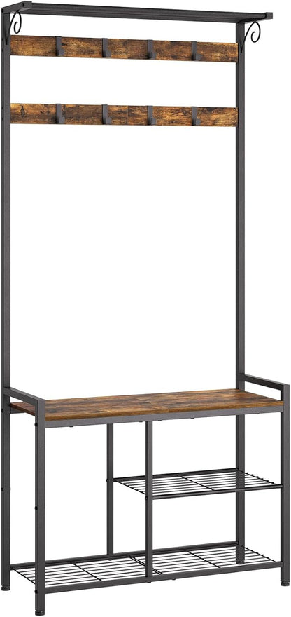 Coat Rack Shoe Bench, 4-In-1 Hall Tree with Storage Shelves and Hanging Rod, Entryway Storage Organizer with 8 Movable Hooks, for Entryway, Hallway, Corridor, Rustic Brown and Black MT12BR