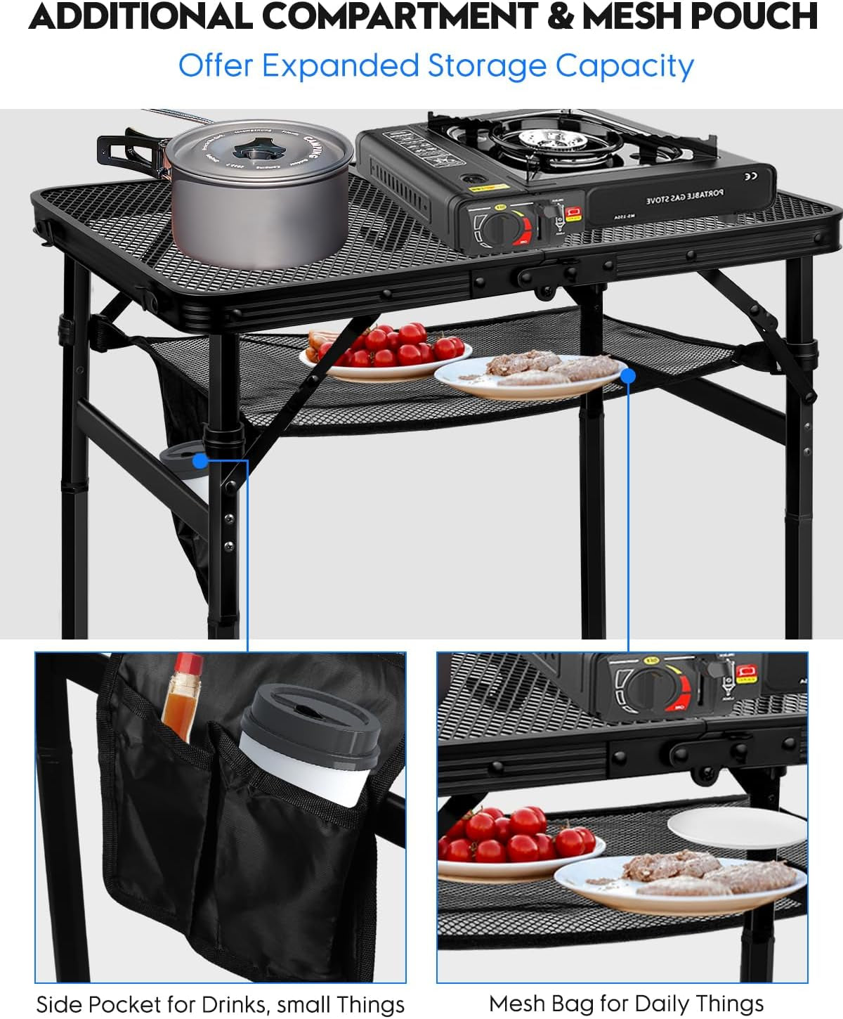 Folding Grill Table, Height Adjustable Aluminum Table with Mesh Desktop and Mesh Bag, Portable Grill Table for Outdoor Camping, Picnic, Patio, Dining, BBQ, Party, Black, 23.6×15.7 Inch