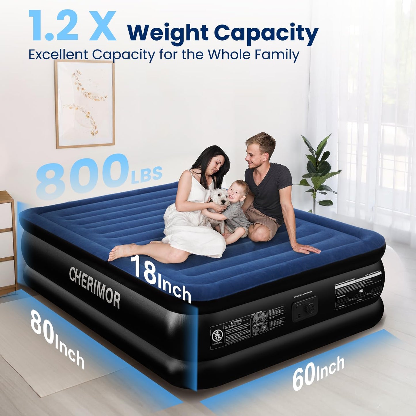 Queen Air Mattress with Built in Pump, 18" Raised Comfort, Multi-Layer Leakproof, Heavy-Duty Support Blow up Mattress, 800Lbs High Capacity, 3 Min Inflation for Home Camping Guests