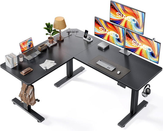 L-Shaped Standing Desk - 63 X 55 Inch Adjustable Corner Standing Desk with Charging Station - L Shape Sit Stand Table with Memory Controller, Splice Board for Home Office