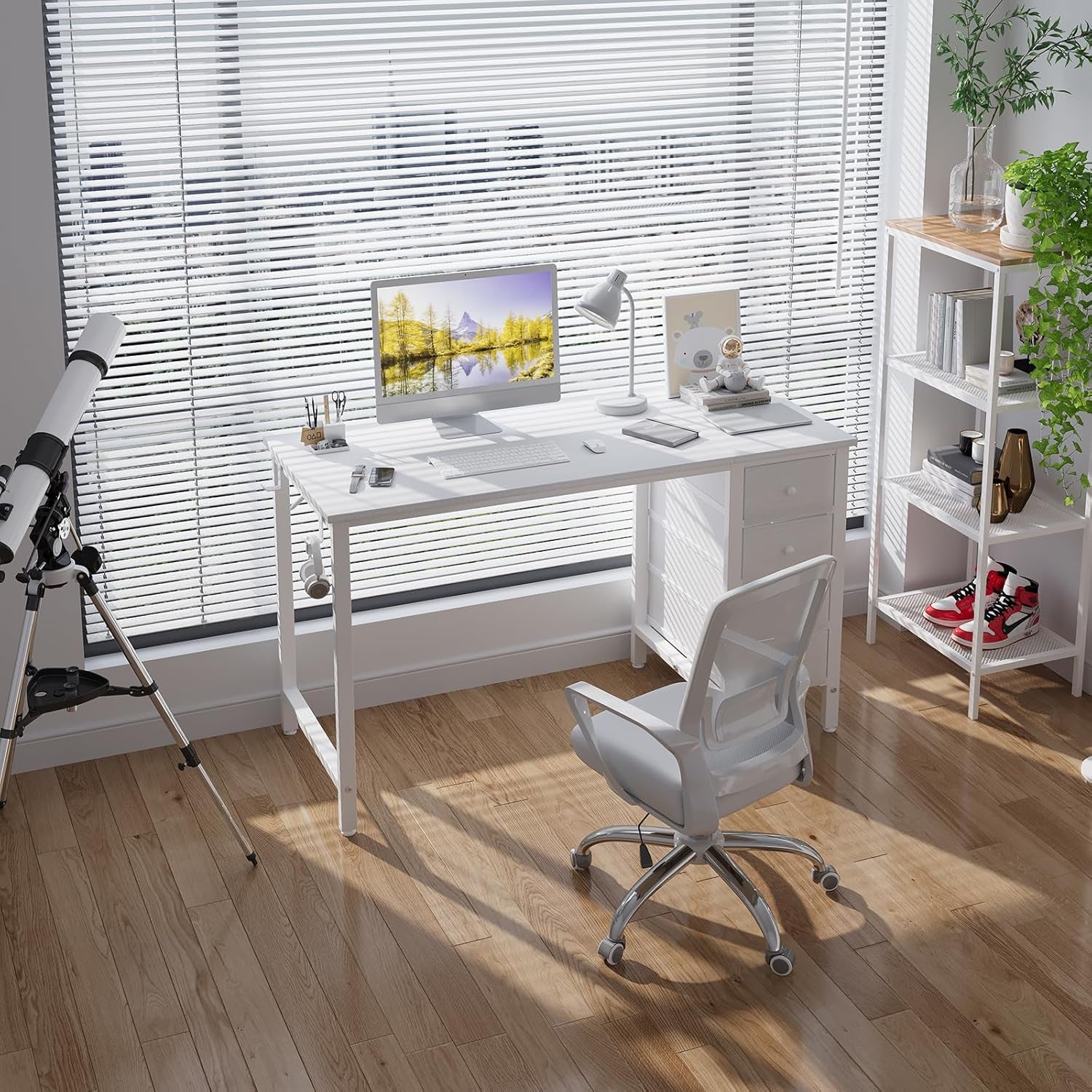 White Computer Desk with Drawers, 47 Inch Reversible Study Work Writing Desk for Home Office Bedroom, Simple Modern Cute PC Desks with Fabric Drawer, White