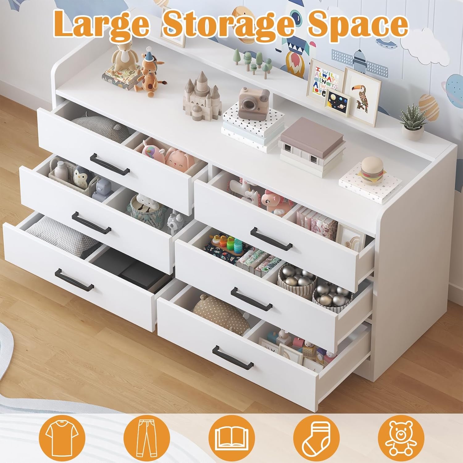 Dresser for Kids Bedroom, Kids Dresser with 6 Deep Drawers for Playroom, Wooden Storage Cabinet with Metal Handles & Anti-Dropping Fence for Toys/Clothes/Books, 15.8" D X 47.2" W X 25.2" H