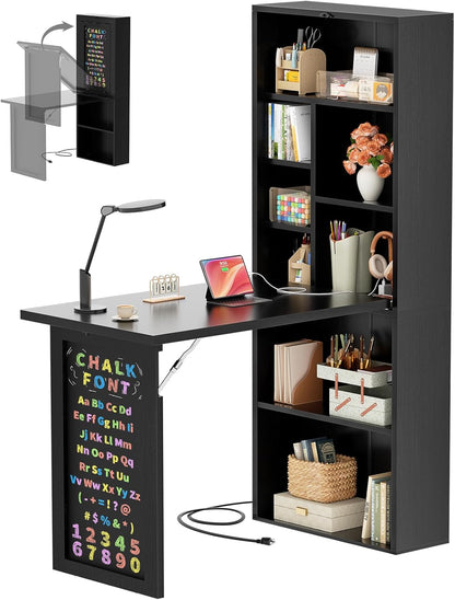 Small Folding Desk with Outlets, Convertible Writing Desk for Small Spaces/Home Office/Craft Room, Multi-Function Desk Workstation with Blackboard, Fold-Out Cabinet Table, Black
