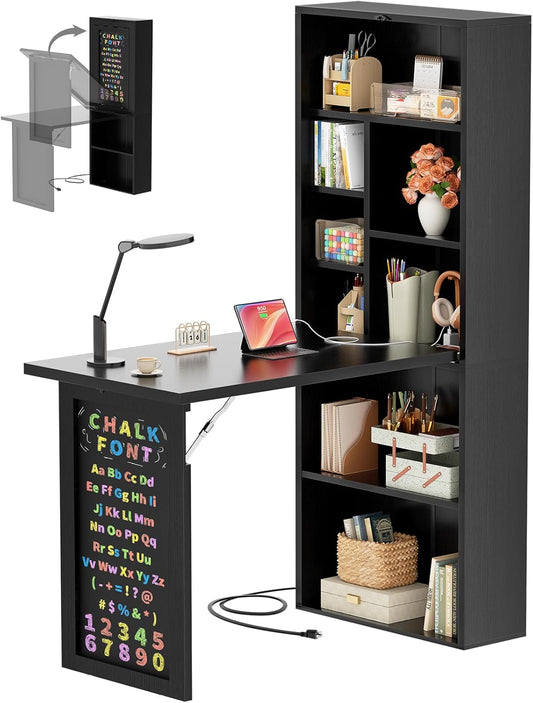 Small Folding Desk with Outlets, Convertible Writing Desk for Small Spaces/Home Office/Craft Room, Multi-Function Desk Workstation with Blackboard, Fold-Out Cabinet Table, Black