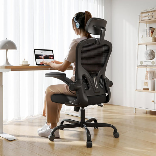 Office Chair Ergonomic Desk Chair, 330LBS Capacity, High Back Computer Chair for Long Hours Comfortable, Rolling Swivel Executive Task Chair for Home Office with Flip-Up Armrests, Black