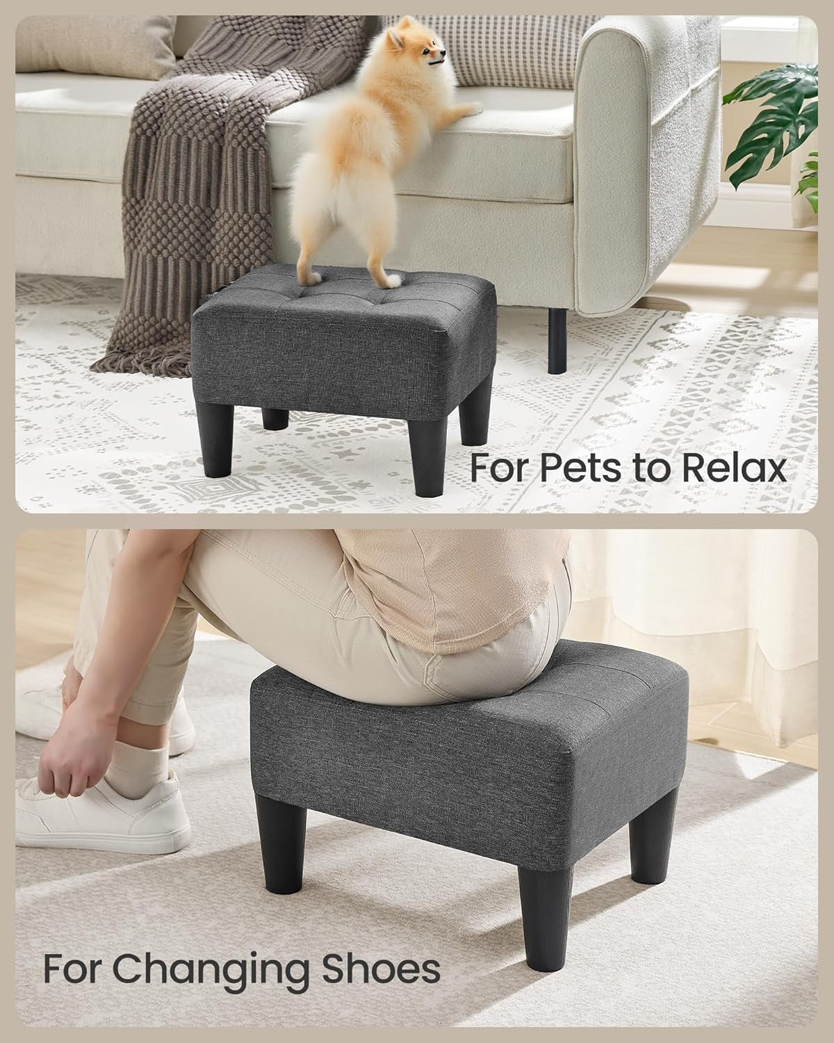 Foot Stool with Legs, Small Footstool Ottoman, Linen-Look Fabric Seat with Thick Cushion, for Living Room, Bedroom, Entryway, 330 Lb Weight Capacity, Dark Gray ULOM502G01