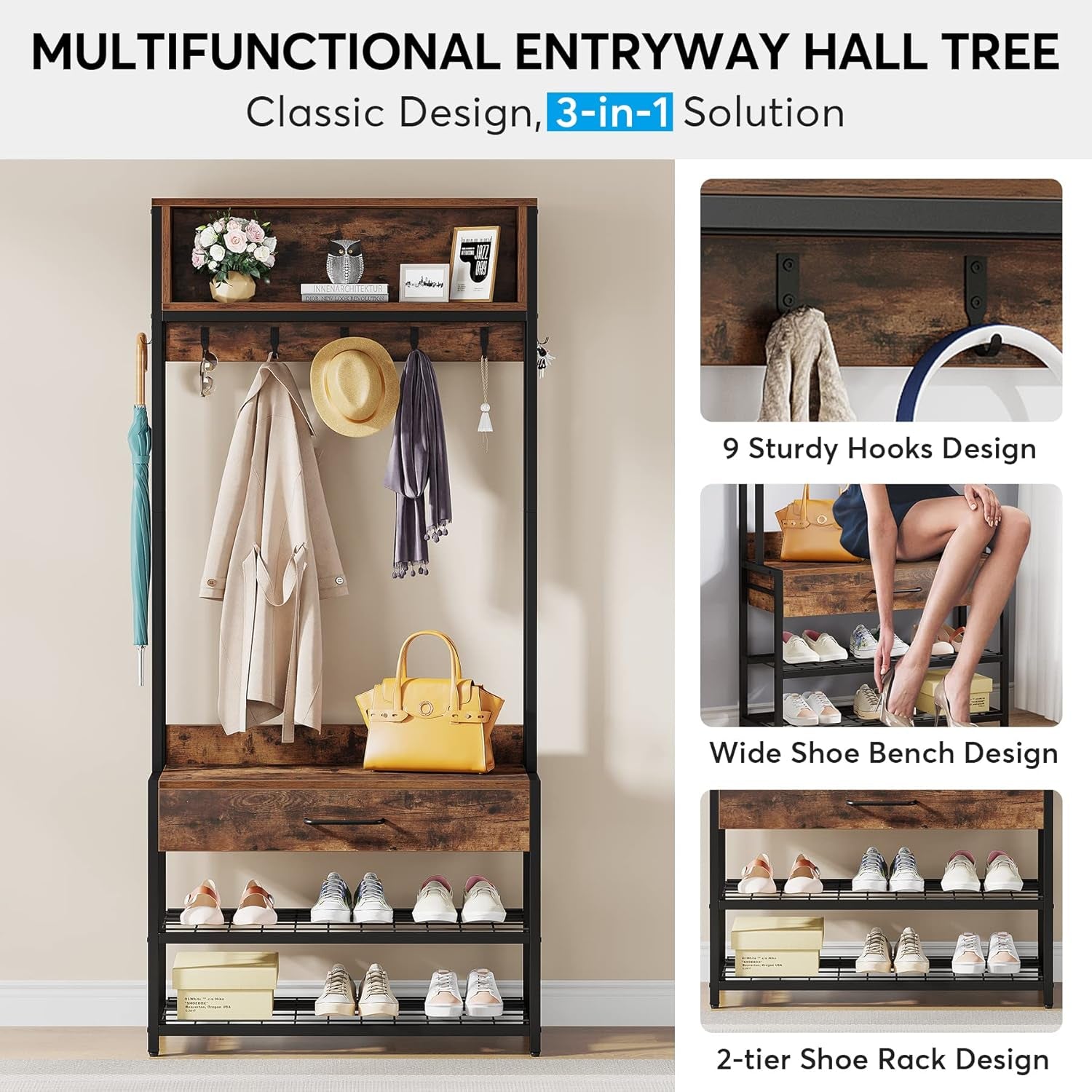 3-In-1 Entryway Hall Tree with Drawer, Vintage Industrial Coat Rack with Shoe Bench and Hutch, Mudroom Bench with Shoe Storage Rack and 9 Hooks for Living Room Bedroom (Brown)