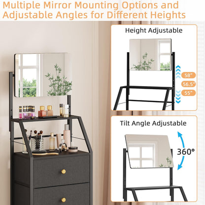 Dresser with Mirror, 4 Drawers Dresser with 2-Tier Shelves, Freestanding Fabric Chest of Drawers for Small Space, Tall Narrow Nightstand Vanity for Bedroom, Hallway, Dorm, Black, 15.3" W
