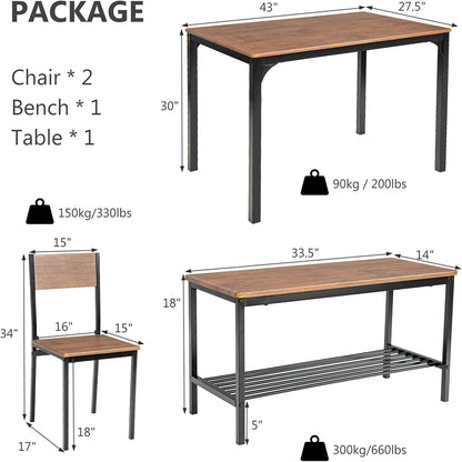 Dining Table Set for 4, 43" Kitchen Table and Chairs, Dining Bench with Metal Frame & Storage Rack, 4-Piece Modern Functional Desk Set for Dinette, Small Space, Apartment, Restaurant, Walnut
