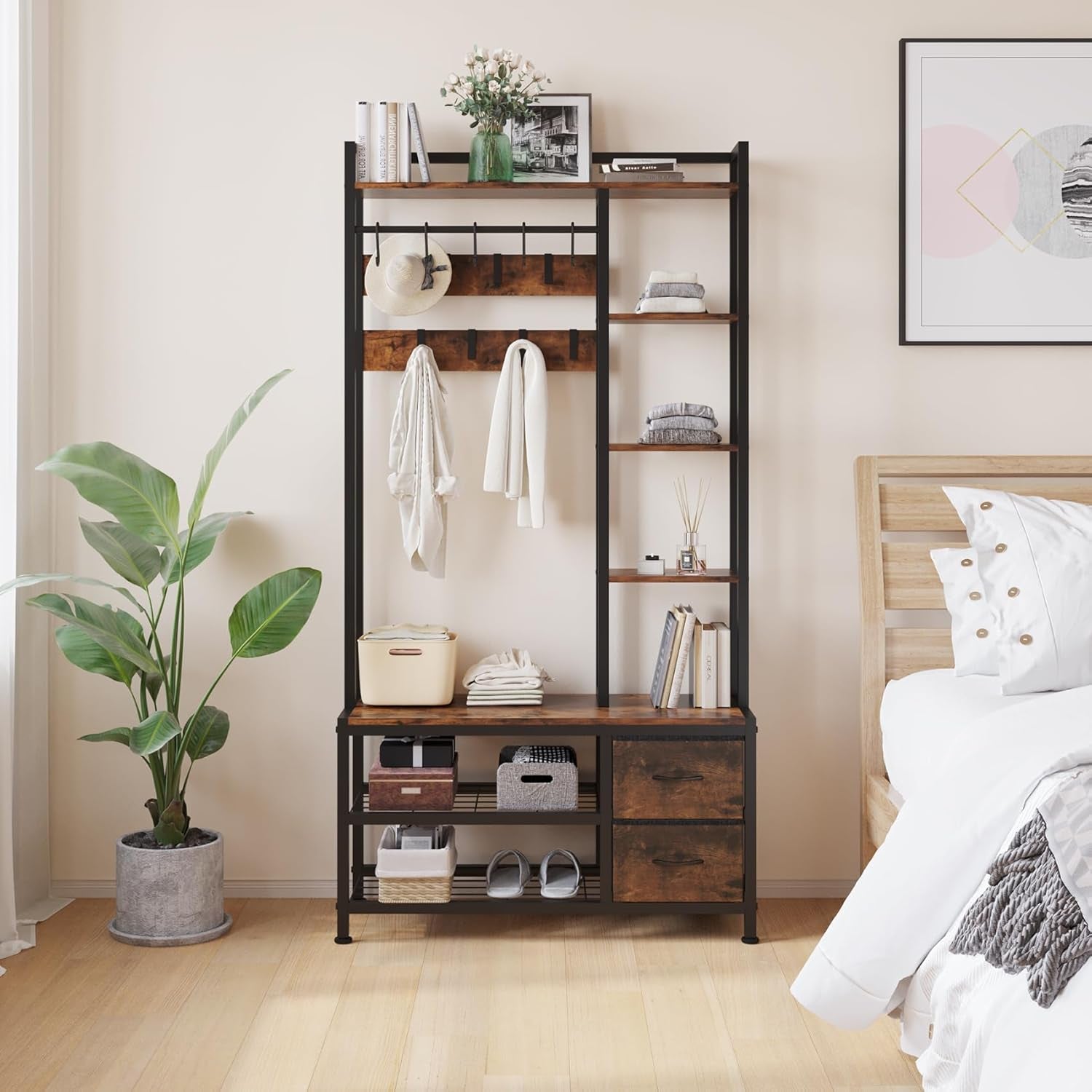 Hall Tree with Bench Storage and Shoes Storage, Hall Tree with Drawers and Shelves for Bedroom, 6-In-1 Entryway Organizer with Shelves, Living Room, Entryway, Closets (Rustic Brown)