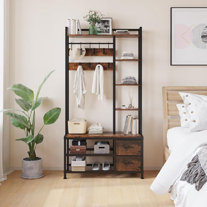 Hall Tree with Bench Storage and Shoes Storage, Hall Tree with Drawers and Shelves for Bedroom, 6-In-1 Entryway Organizer with Shelves, Living Room, Entryway, Closets (Rustic Brown)