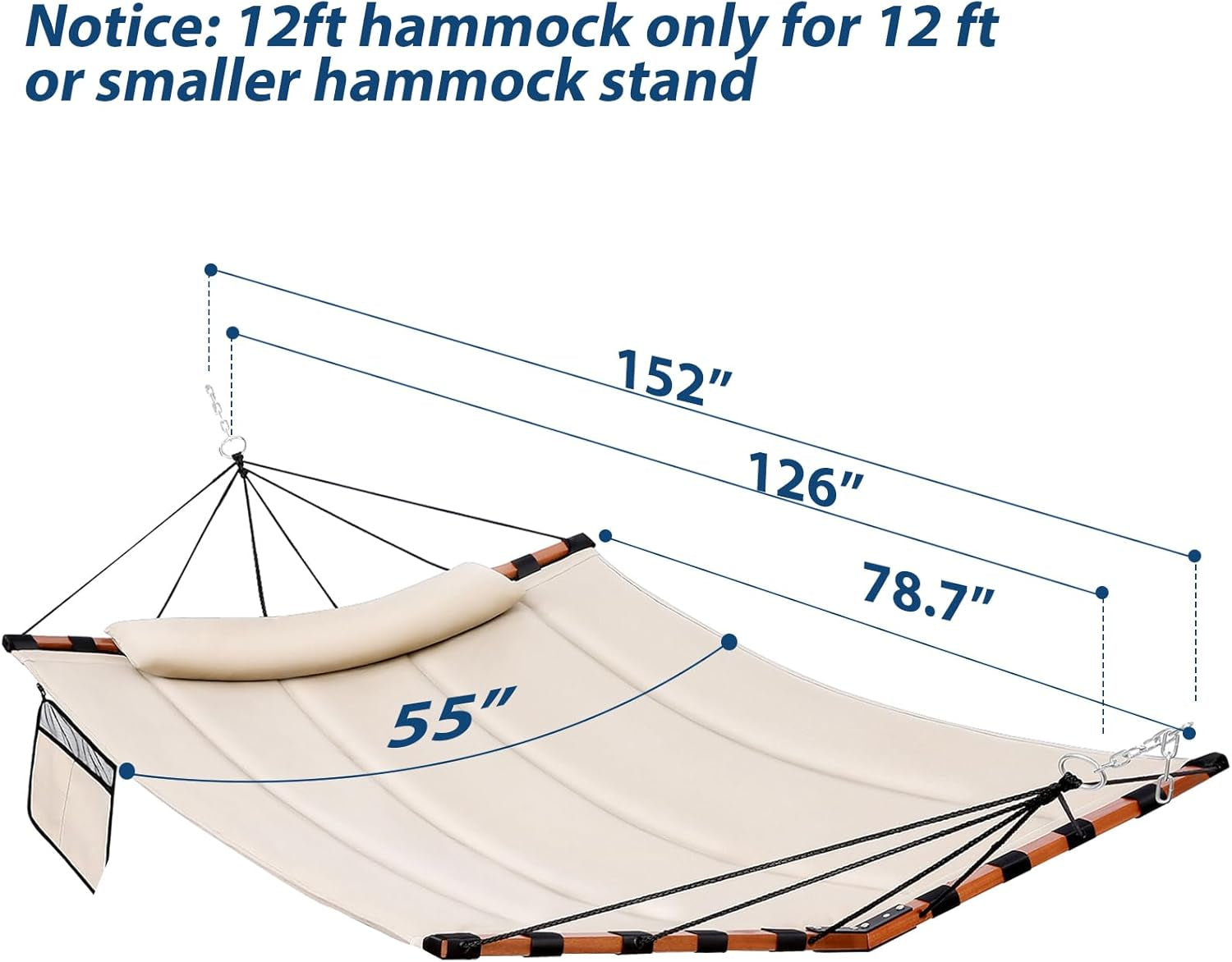 12FT 2 Person Hammock with V Shaped Hardwood Spreader Bar & Nylon Rope for Outside, Patio, Garden, Backyard, Beach, Poolside, 450LB Capacity, 55In X 79In - Beige