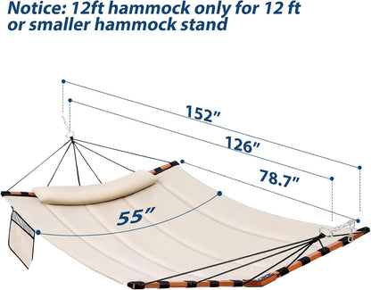 12FT 2 Person Hammock with V Shaped Hardwood Spreader Bar & Nylon Rope for Outside, Patio, Garden, Backyard, Beach, Poolside, 450LB Capacity, 55In X 79In - Beige