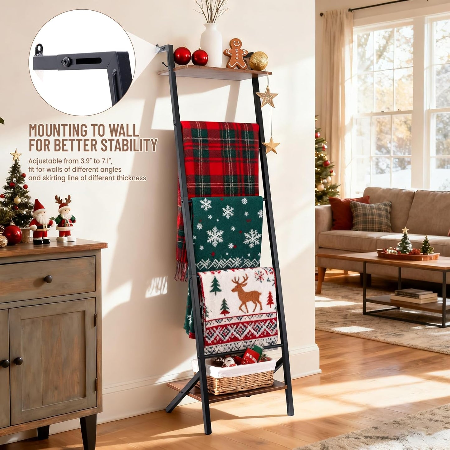 5 Tier Blanket Ladder with Shelf and Hooks, 4.8Ft Metal Ladder Shelf Blanket Holder Storage Rack for Living Room, Free Standing Blanket Rack for Storage and Home Decor