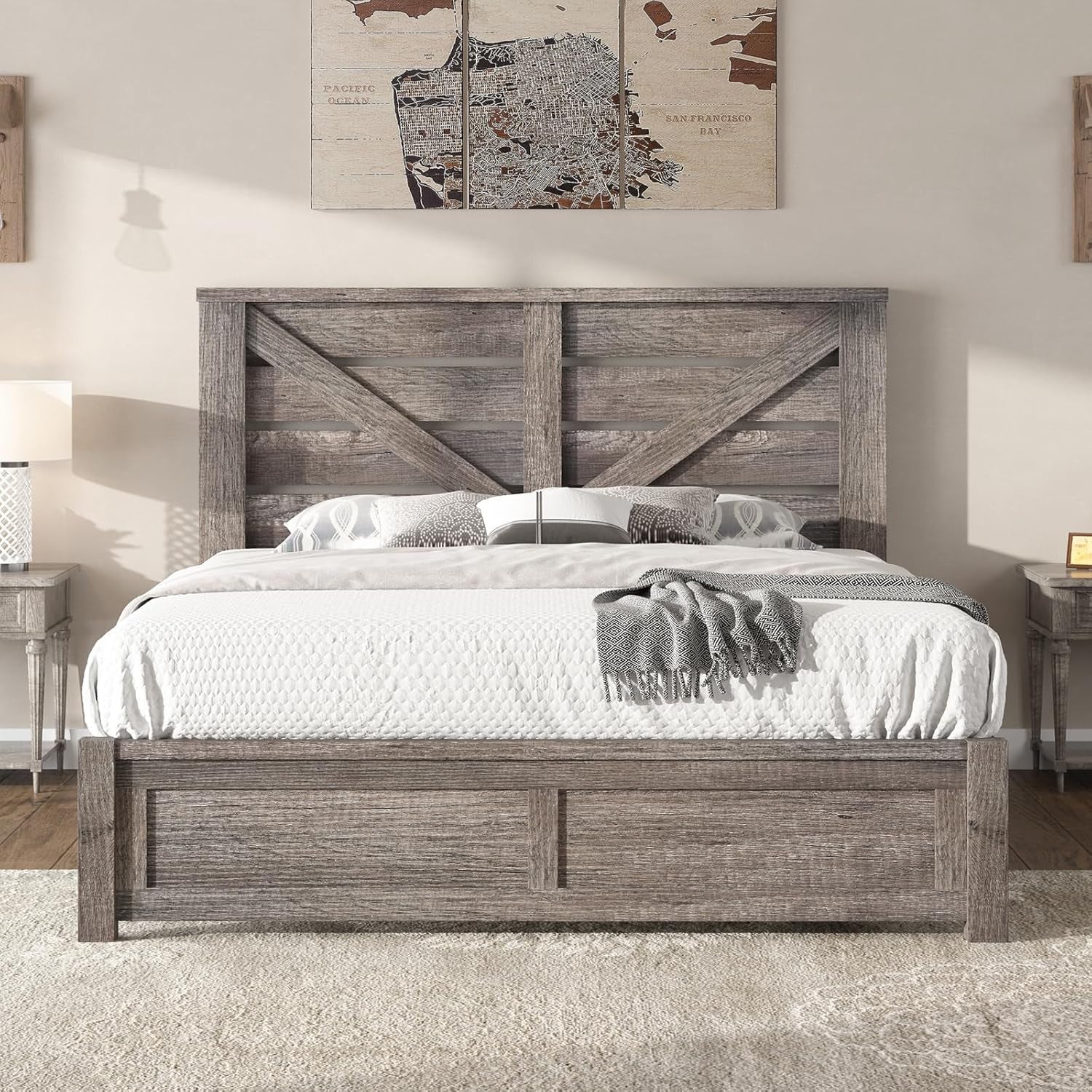 Queen Size Farmhouse Bed Frame with 49.2" Barn Door Headboard, Platform Bed Frame with Wood Slats, under Bed Storage Space, Easy Assembly, Noisy Free, Rustic Gray