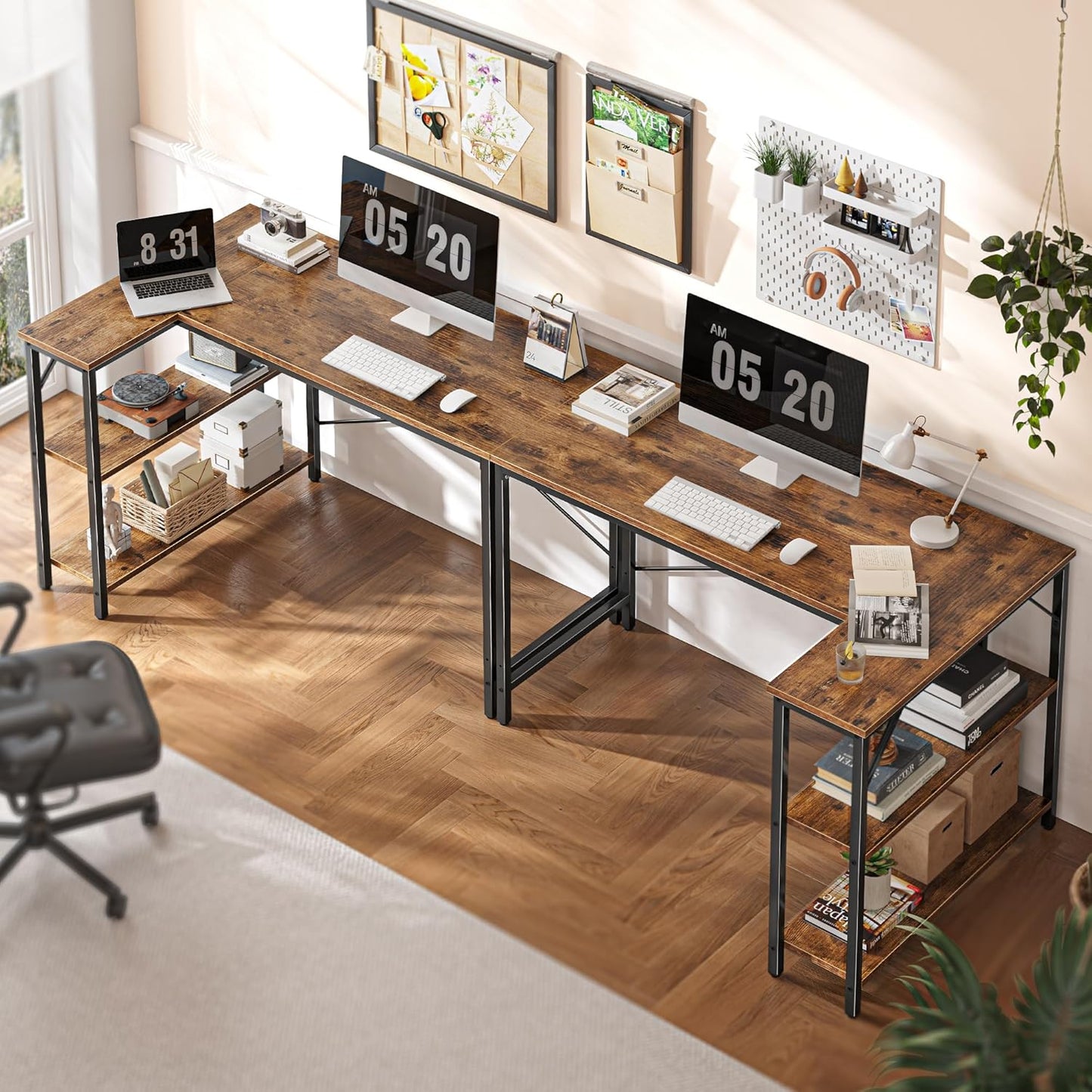 47 Inches L Shaped Desk, Computer Desk with Reversible Storage Shelves, for Gaming Corner Home Office Writing Study, Metal Frame, Rustic Brown