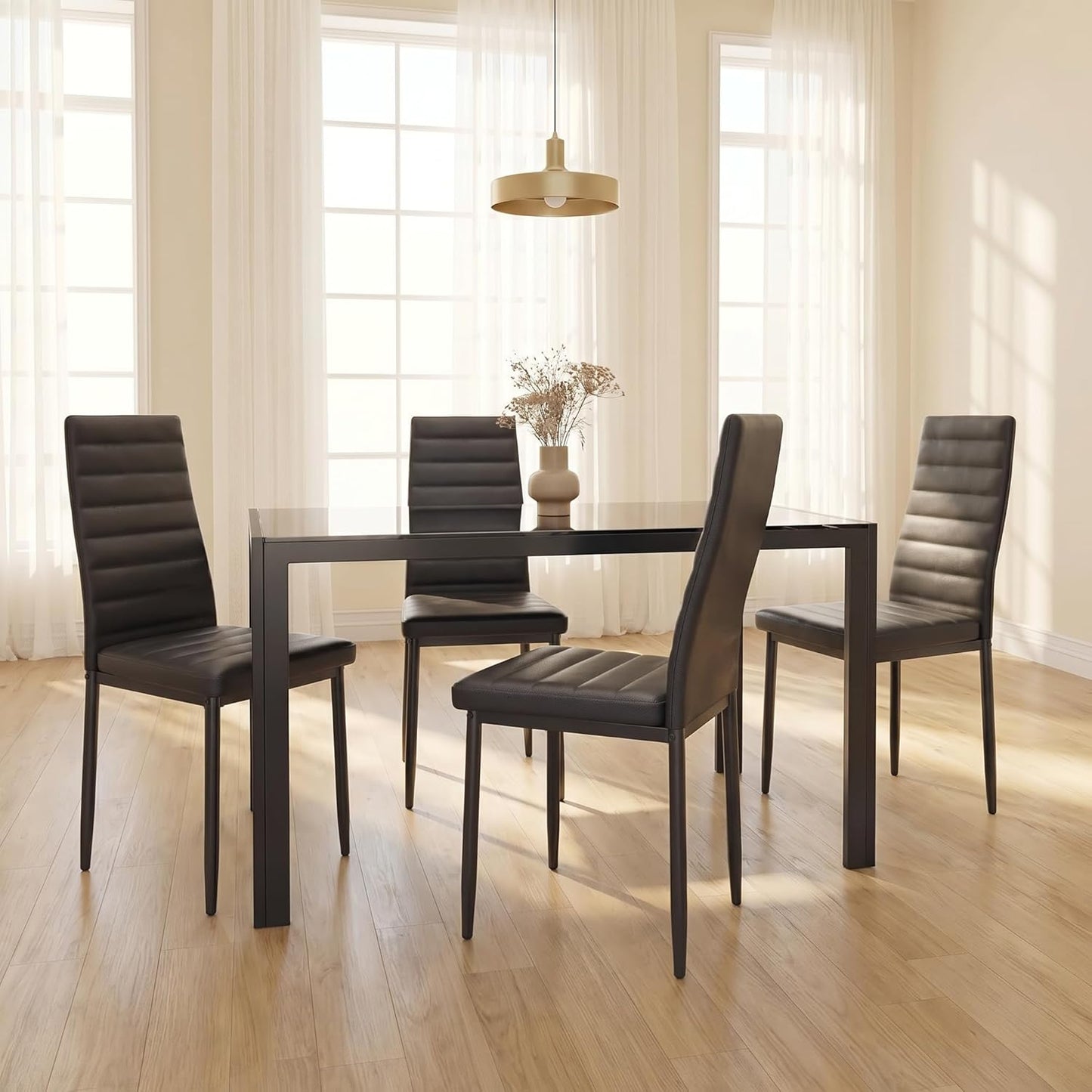 5 Piece Glass Dining Table Set, Kitchen and Chairs for 4, PU Leather Modern Room Sets for Home, Kitchen, Living Room