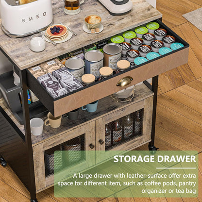Large Coffee Bar Cabinet，3 Tiers Kitchen Coffee Cart with Drawer for the Home, Movable Farmhouse Station Table on Wheels for Living Room, Entryway, Dining Room, Kitchen