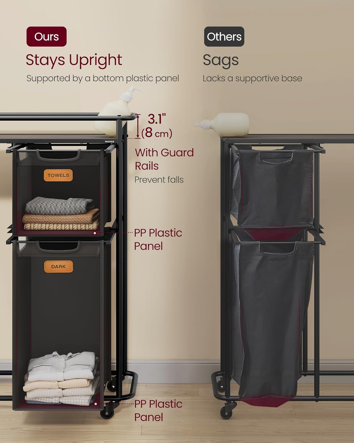 Laundry Sorter, Laundry Hamper with Wheels, 39.6 Gal. (150 L) Portable Rolling Cart Baskets with Shelf, 4 Removable Liners and 6 Labels, Ink Black and Chestnut Brown URLS100B01