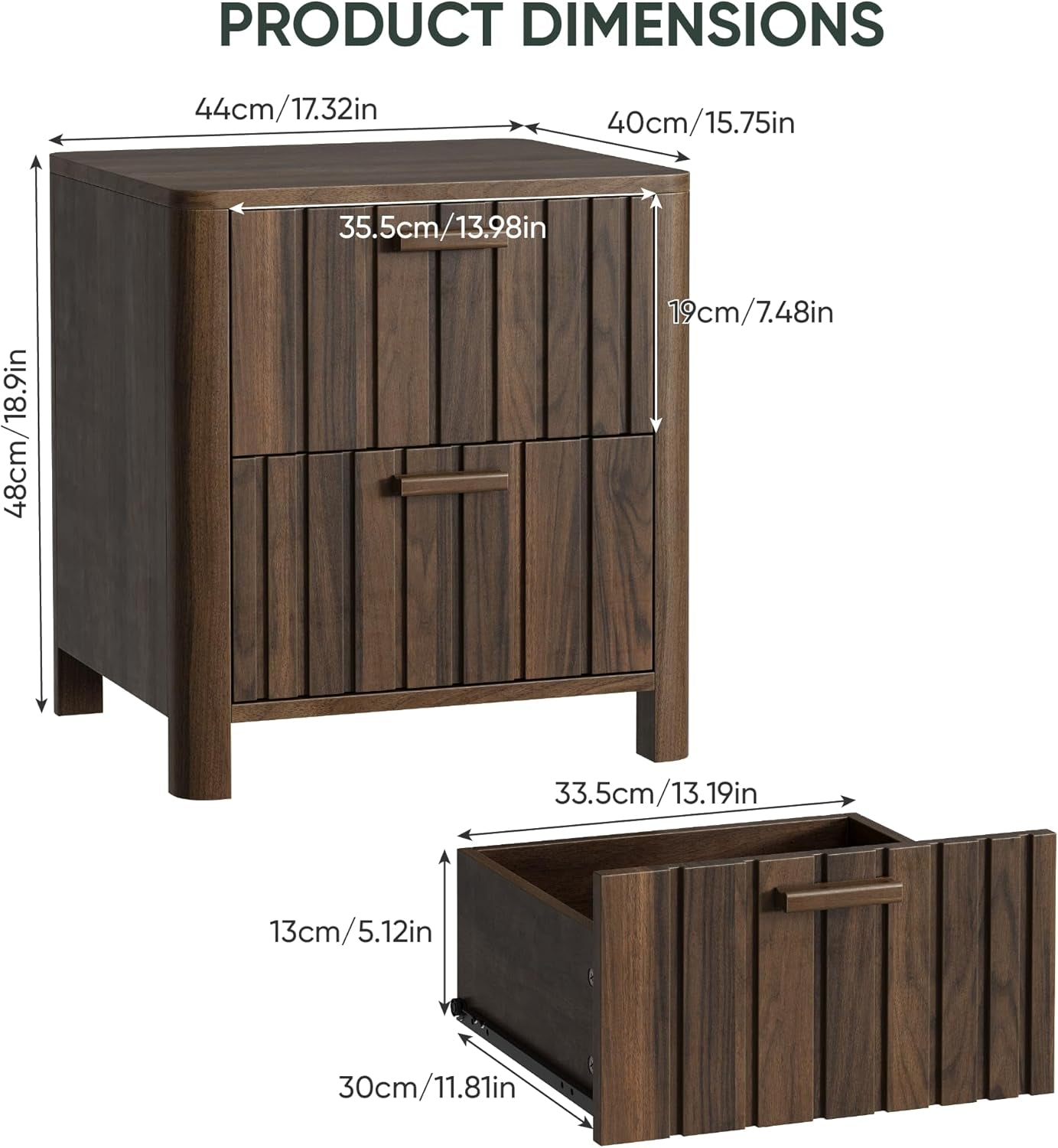 Mid Century Modern Nightstand with 2 Drawers, Fluted Design Bedside Table with Storage, Walnut Finish Night Stand for Bedroom, Study Room