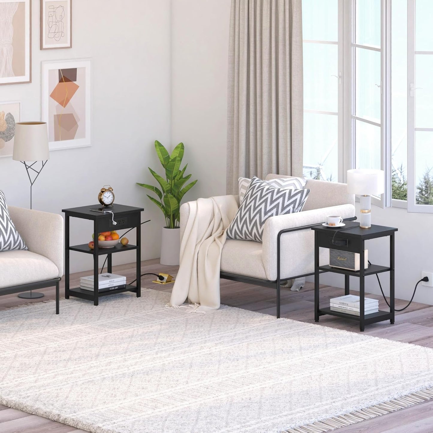 End Tables with Charging Station USB Ports, 3 Tier Tall Night Stand with Storage Shelves,Narrow Side Table for Small Space Living Room Bedroom Office, Record Player Stand, Black