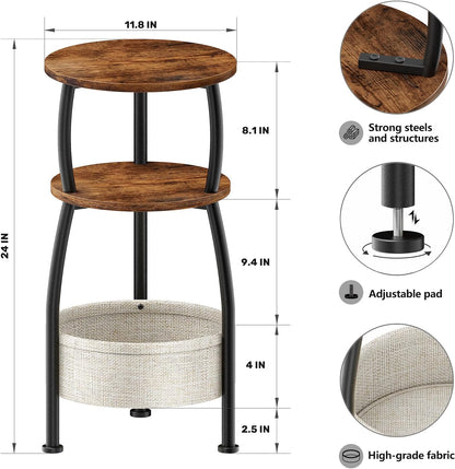 Round Side Table for Small Spaces with Storage Basket –Small End Table 3-Tier Night Stand Sofa Corner Table for Living Room, Bedroom, Patio and More 24In Tall Rustic Brown