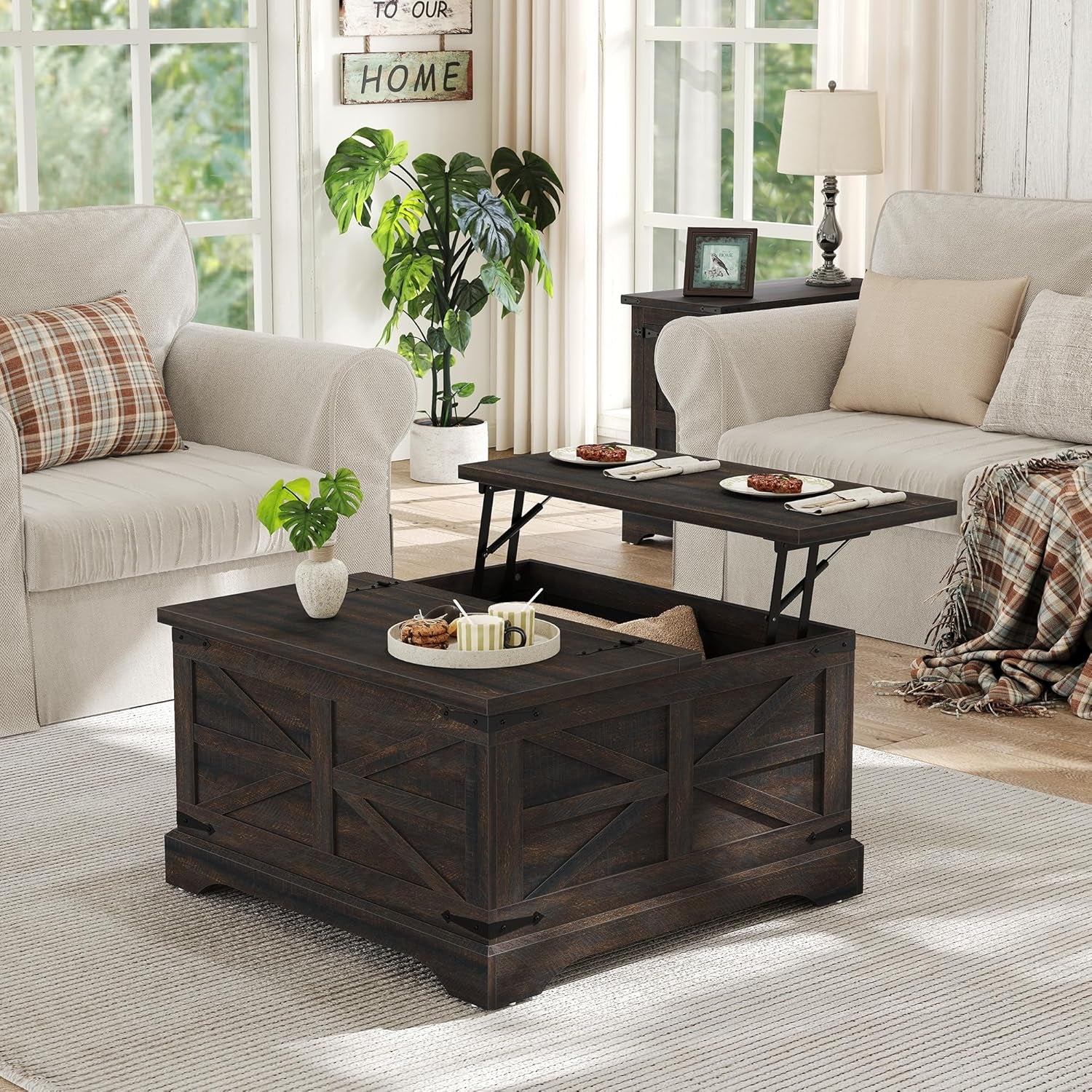 Square Coffee Table with Storage Farmhouse Coffee Table with Lifting Top Modern Wood Center Table for Living Room Home Office, Dark Brown