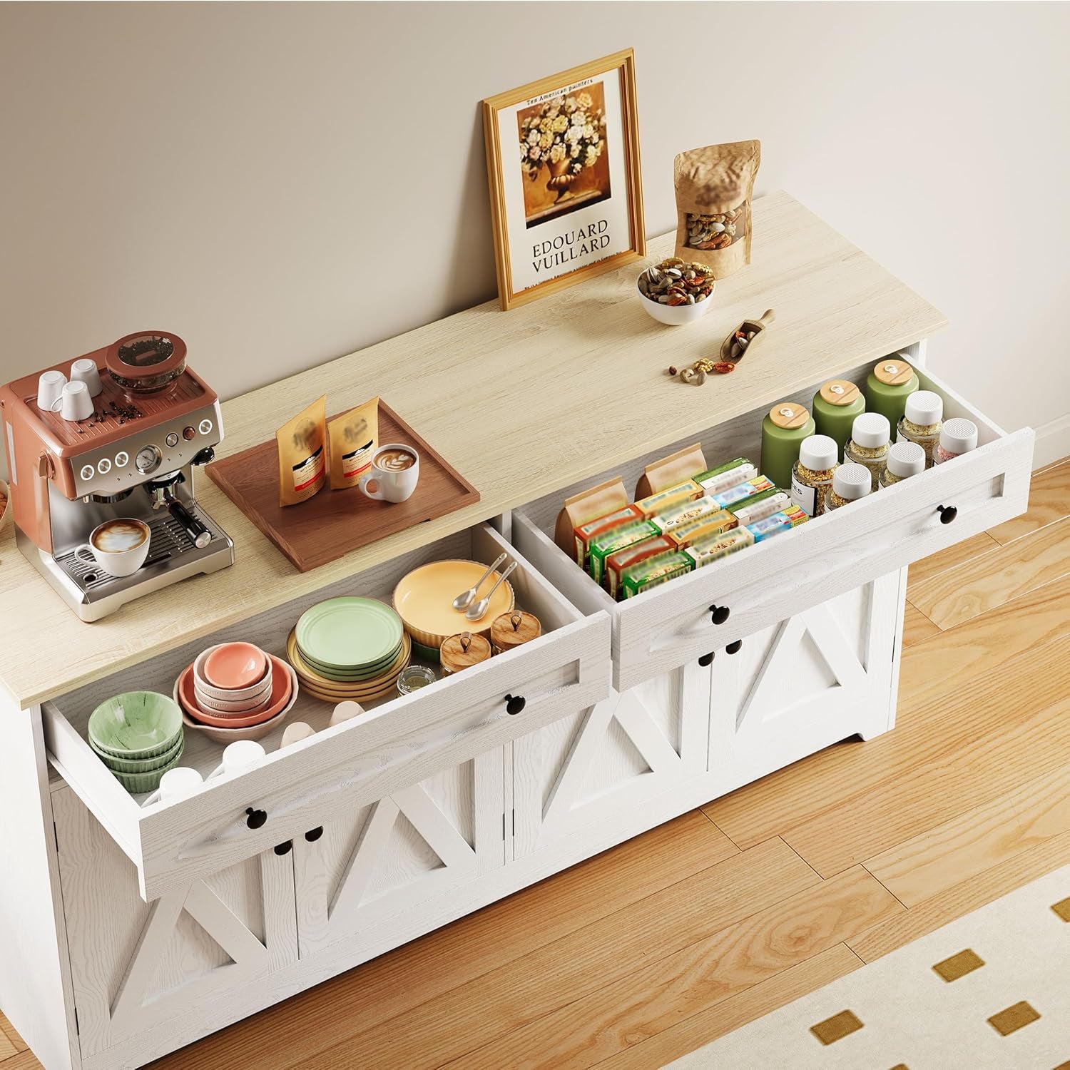 Buffet Cabinet with Storage, Sideboard Storage Cabinet, Kitchen Cabinet with Drawers and Doors, Natural Wood