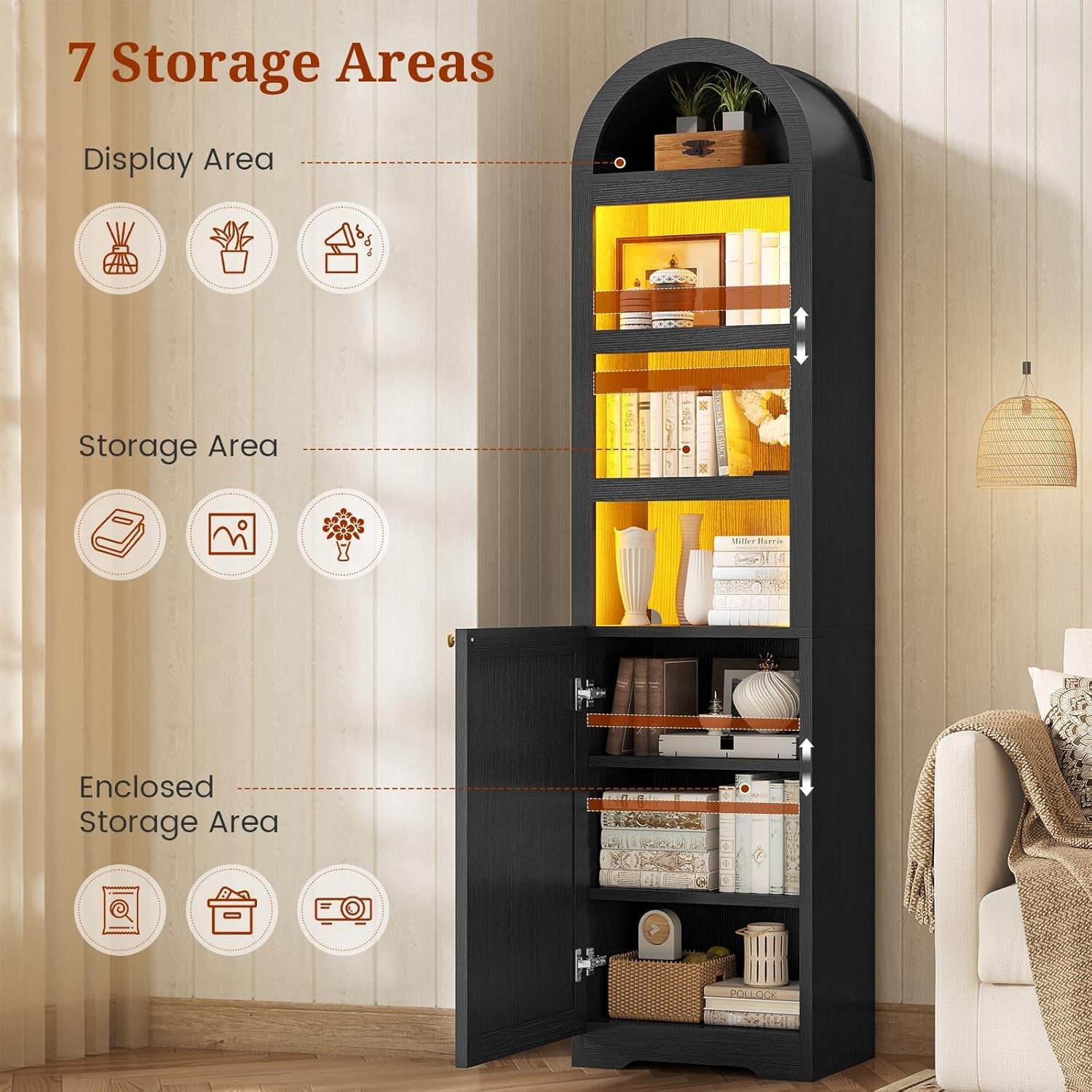 72" Tall Arched Narrow Bathroom Storage Cabinet with Lights, Slim Storage Cabinet with Adjustable Shelves for Small Spaces, Farmhouse Style (Black)