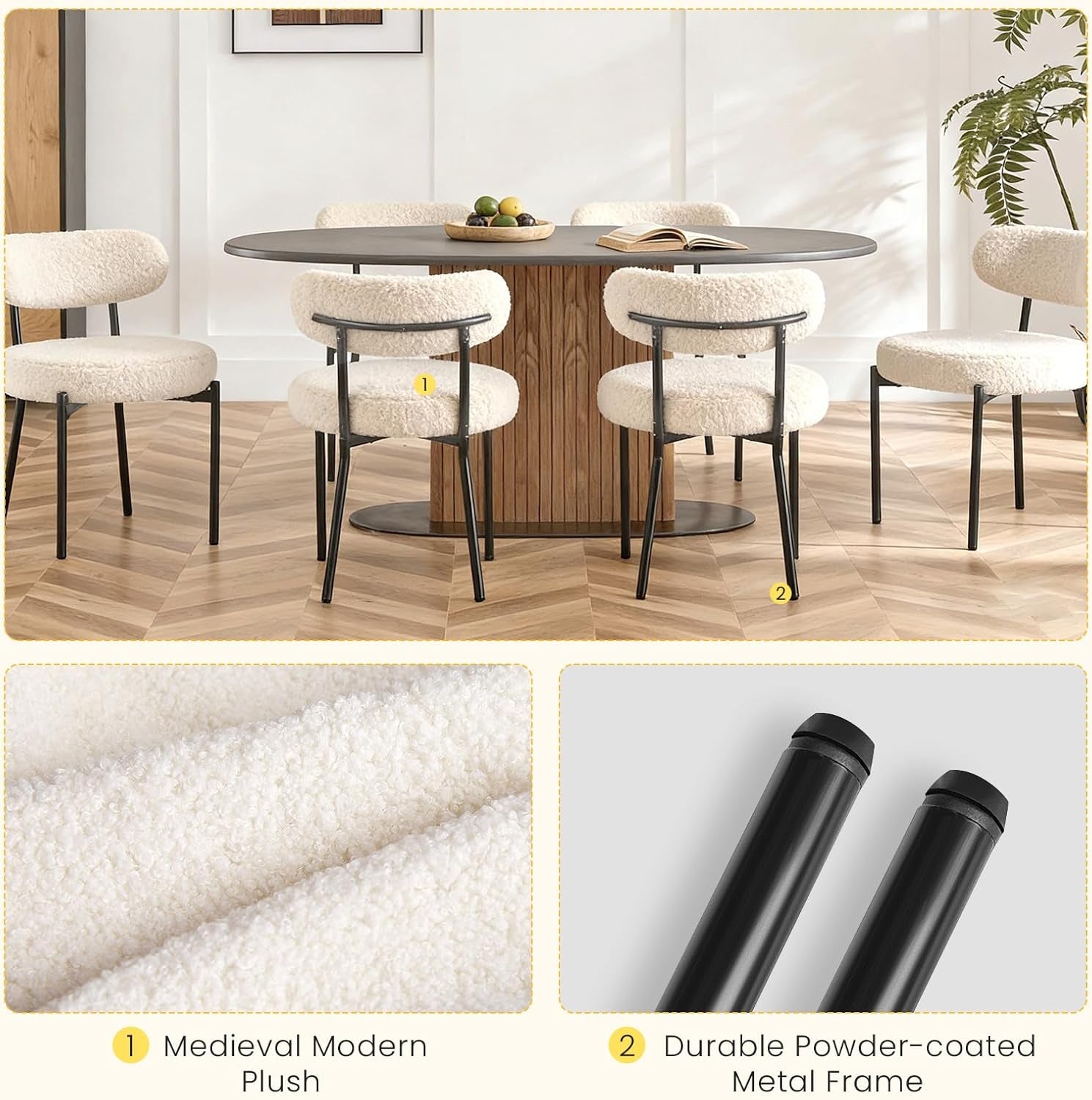 Dining Chairs Set of 4, Mid Century Modern Chair round Upholstered Curved Backrest, Kitchen Vanity Living Room Chairs with Black Metal Legs，Light Beige