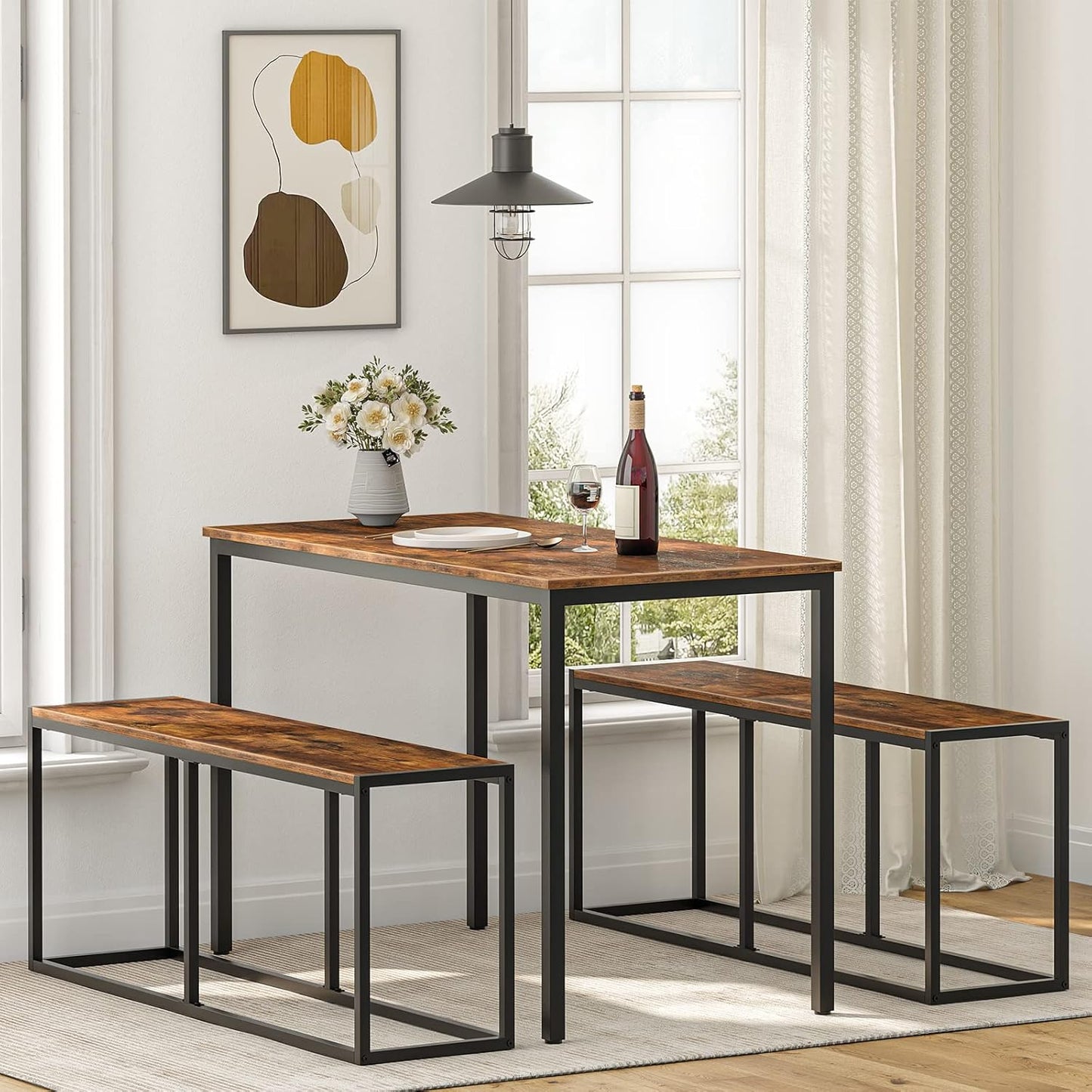 Dining Bench, 47.2 Inch Dining Table Bench, Industrial Style Kitchen Bench, Steel Frame, Easy to Assemble, for Kitchen, Dining Room, Rustic Brown and Black BF12CD01