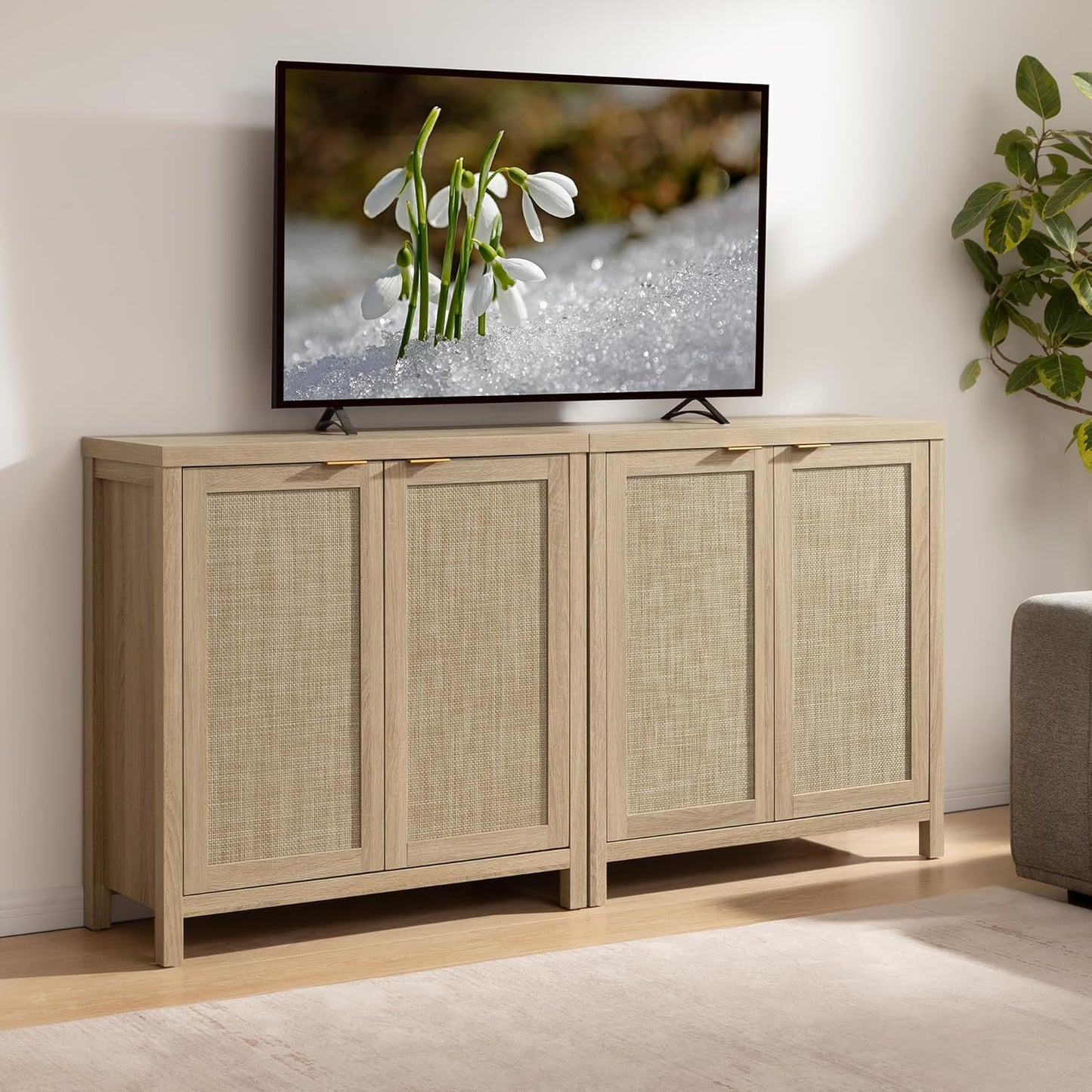 Rattan Sideboard Buffet Cabinet with Large Storage : Boho Credenza Coffee Bar Cabinet with Adjustable Shelves, Farmhouse Console Table for Kitchen, Living Room, Entryway, Natural, 2 Pieces
