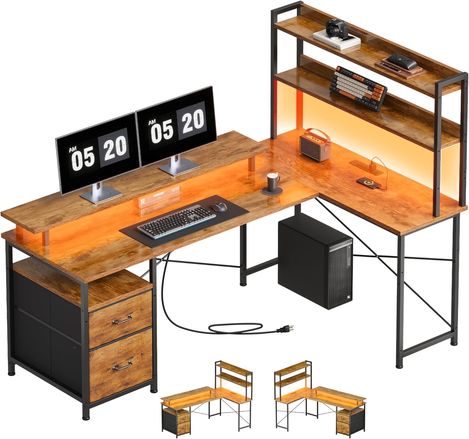 L Shaped Desk with Shelves,Reversible Computer Desk with LED Lights and Charging Station,Home Office Corner Desk with Monitor Stand,Brown2