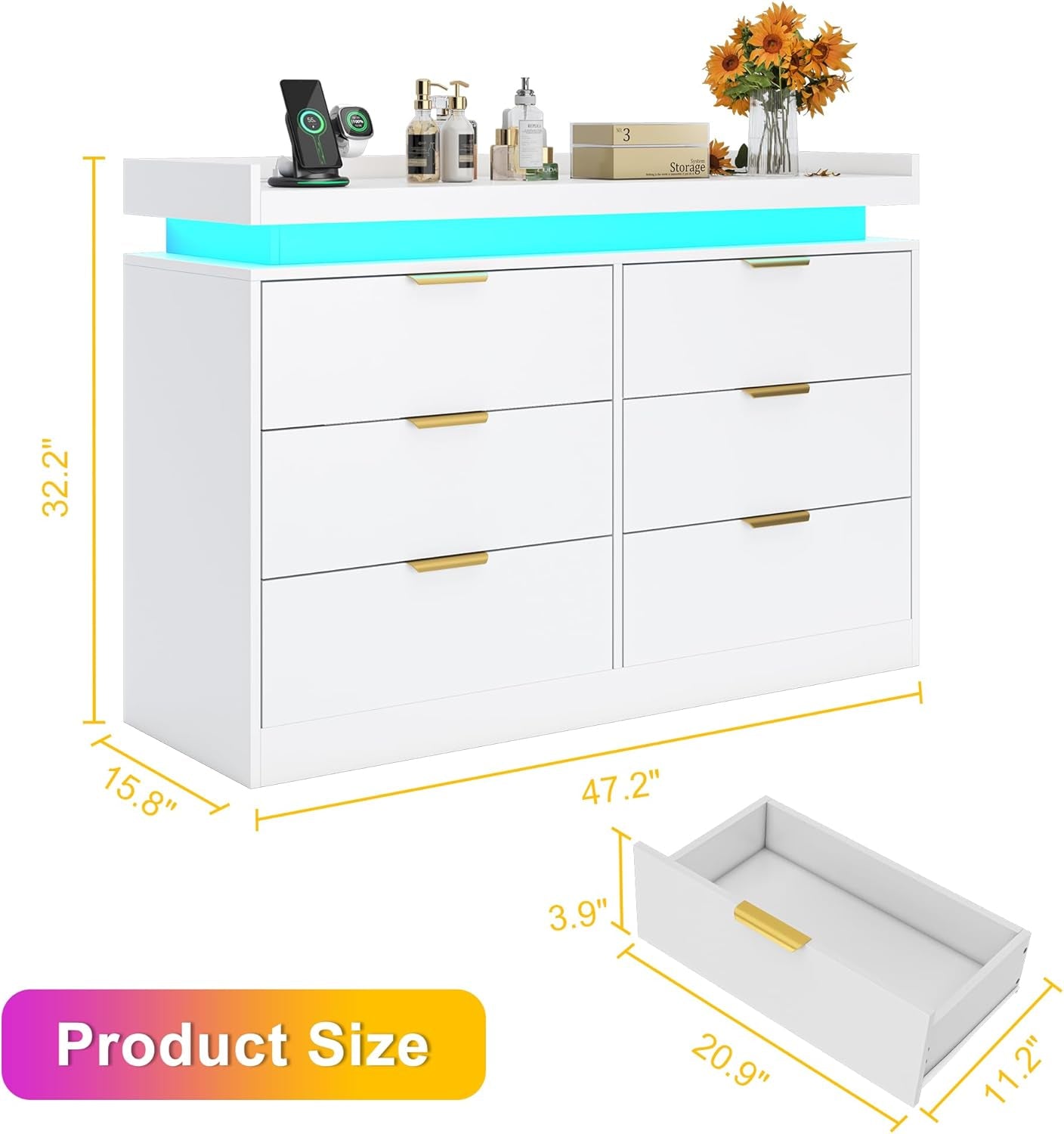 6 Drawer Dresser for Bedroom, White Dresser with LED Lights and Power Outlet, Modern Chest of Drawers for Closet, Double Wide Drawer Organizer Cabinet for Bedroom, Living Room, Entryway, Hallway