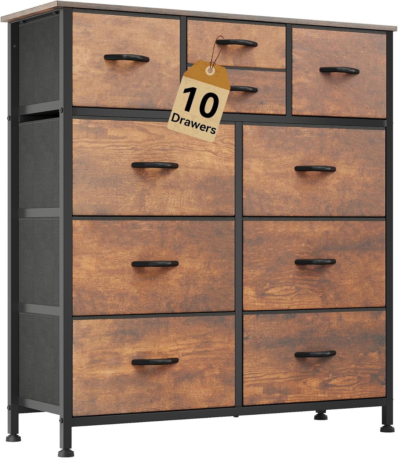 Dresser with 10 Drawers - Fabric Storage Tower, Organizer Unit for Living Room, Hallway - Sturdy Steel Frame, Wooden Top & Easy Pull Fabric Bins