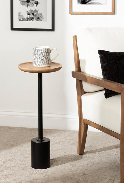 Xyler round Wood and Metal Drink Table, 10 X 10 X 24, Natural Brown Wood and Black, Transitional Plant Pedestal Table for Storage and Display