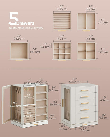 Jewelry Box 360° Rotating, Jewelry Storage Case with 5 Drawers, Jewelry Organizer, Glass Window, Spacious, Vertical Jewelry Storage, Open Design, Great Gift, Cloud White UJBC170W01