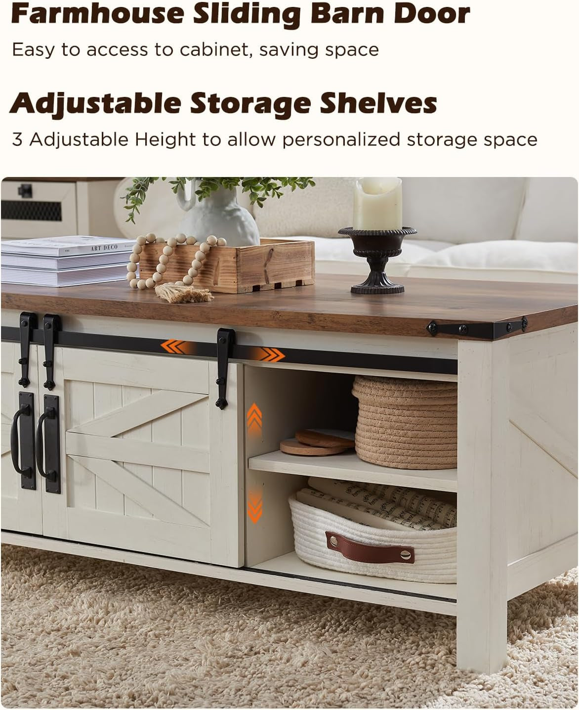 48" Farmhouse Lift Top Coffee Table with Sliding Barn Door,Rustic Center Table with Hidden Storage Compartment,Lifting Tabletop and Adjustable Shelf for Living Room,Office,Antique White