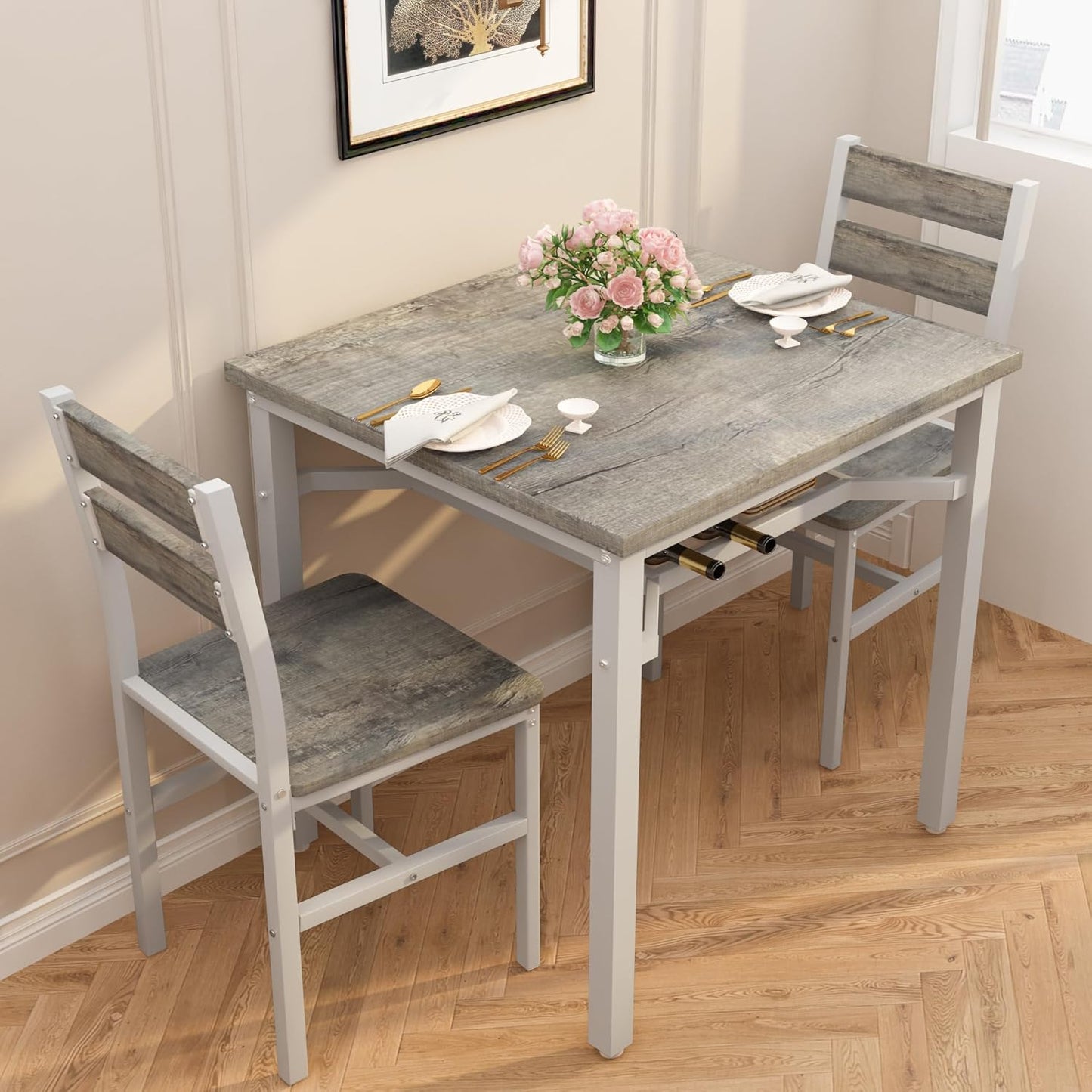 3 Piece Dining Table Set for 2, Small Wooden Kitchen Table with Storage, Farmhouse Square Dinette Set for Dining Room, Breakfast Nook, Apartment, Small Space