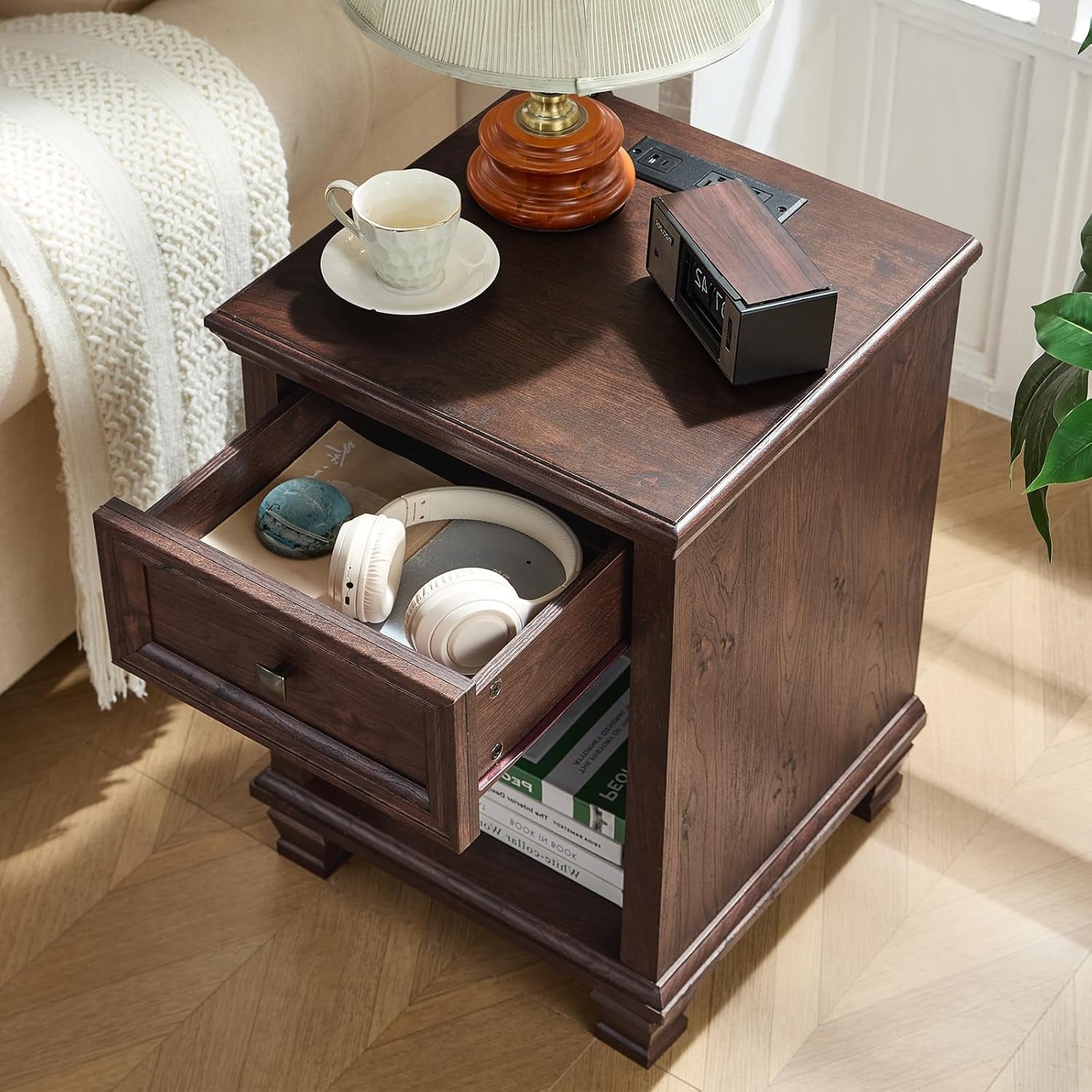 Farmhouse Night Stand with Charging Station, Rustic Wood Nightstand with Drawer, End Side Table for Living Room, Bedside Table with Open Shelf for Bed Room, Walnut