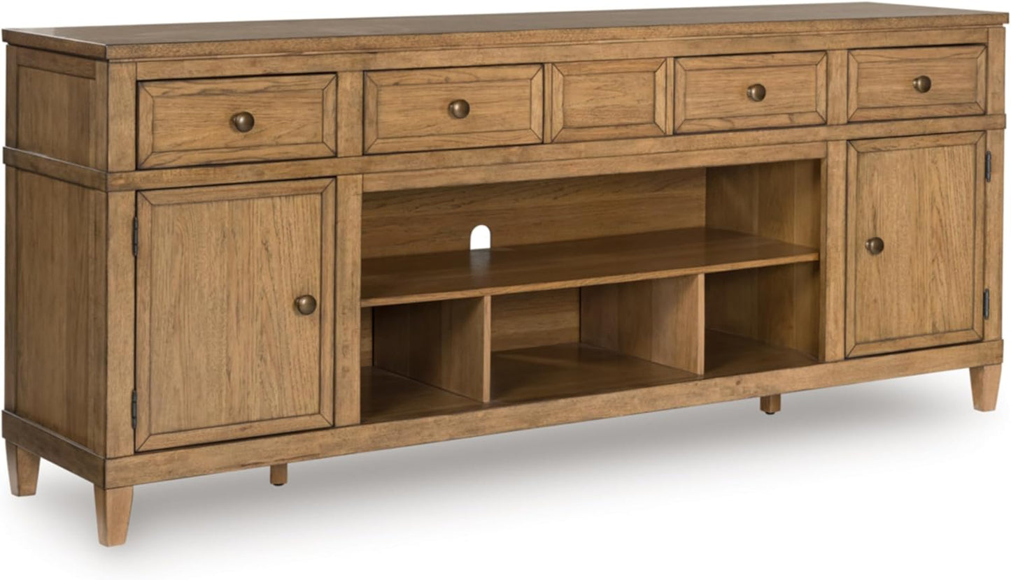 Sharlance Farmhouse 81" TV Stand for Tvs up to 93" with Adjustable Shelves and Wire Management, Light Brown