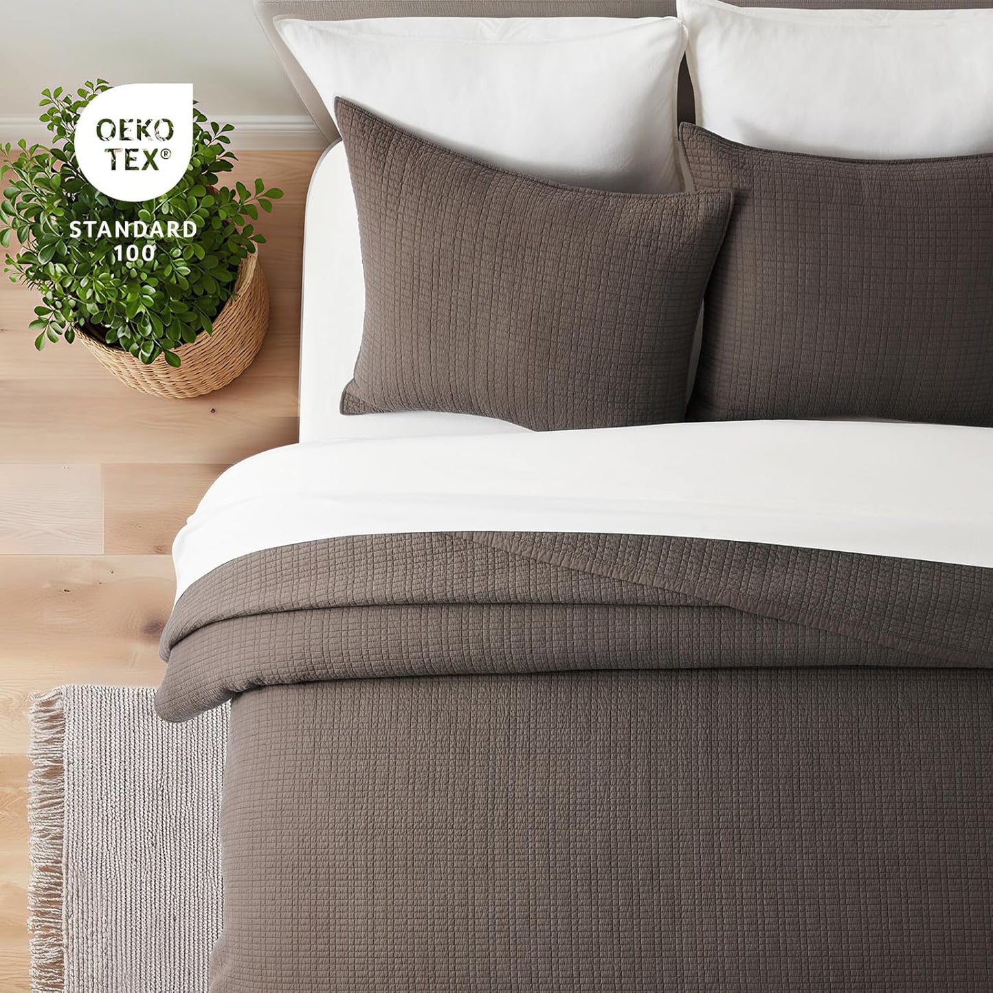 100% Cotton Quilt King Size, Pre-Washed Modern Grid Stitch Lightweight Bedspread Coverlet for All Season, Oversized 3-Piece Bedding Set with 2 Pillow Shams, Dark Brown