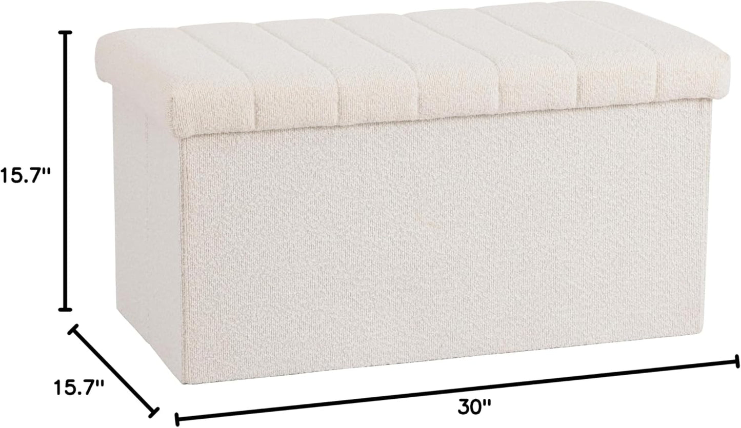 Cushioned Fabric Ottoman Hidden Storage Chest Footrest Chair, Padded Seat for Bedroom, Dorm, Loft, Living Room, Entryway, Hallway, White Boucle, 30" Bench