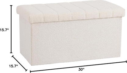 Cushioned Fabric Ottoman Hidden Storage Chest Footrest Chair, Padded Seat for Bedroom, Dorm, Loft, Living Room, Entryway, Hallway, White Boucle, 30" Bench