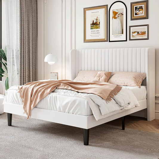 Full Size Velvet Bed Frame with Vertical Channel Tufted Wingback Headboard, Upholstered Platform Bed with Wood Slats, No Box Spring Needed, Easy Assembly, White