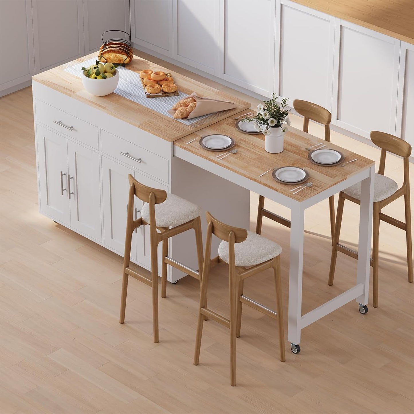 78" Rolling Kitchen Island with Extendable Table, Mobile Kitchen Islands with Storage for 2-4， 3 in 1 Island Cart on Wheels for Small Space with 2 Drawers & 4 Door Cabinet, White