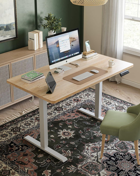 48 X 24 Large One-Piece Standing Desk, Adjustable Height Electric Computer Home Office Sit Stand up Workstation, with 4 Memory Presets, Headphone Hook, Maple