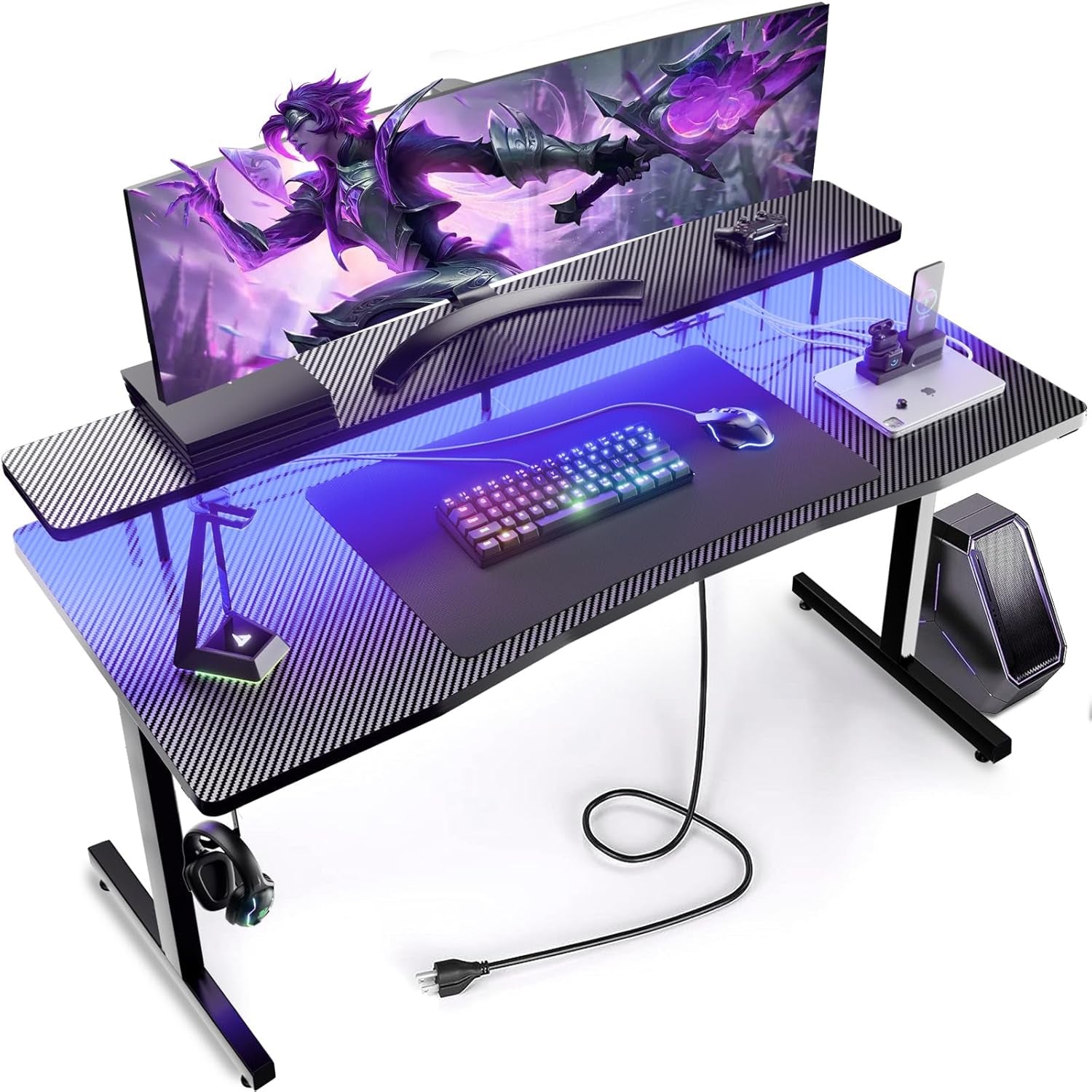 55 Inch Gaming Desk, Computer Gamer Desk with Monitor Stand, Ergonomic Carbon Fiber Surface Gaming Table with Power Outlet and Mouse Pad for Home Office, Colorful