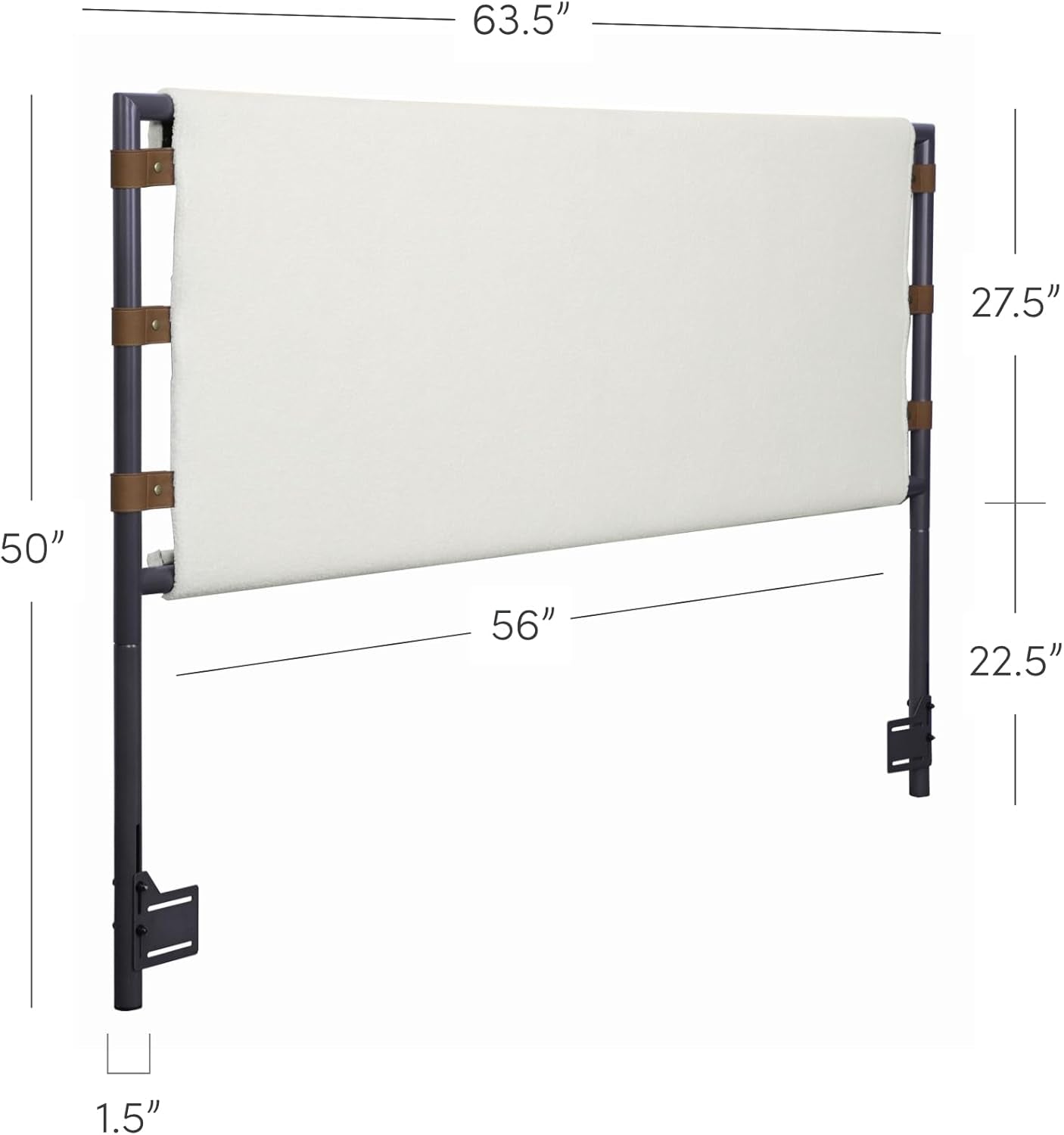 Aspen Queen Bed Headboard, Boucle Upholstered Headboard with Leather Straps and Black Matte Metal Frame, White/Black